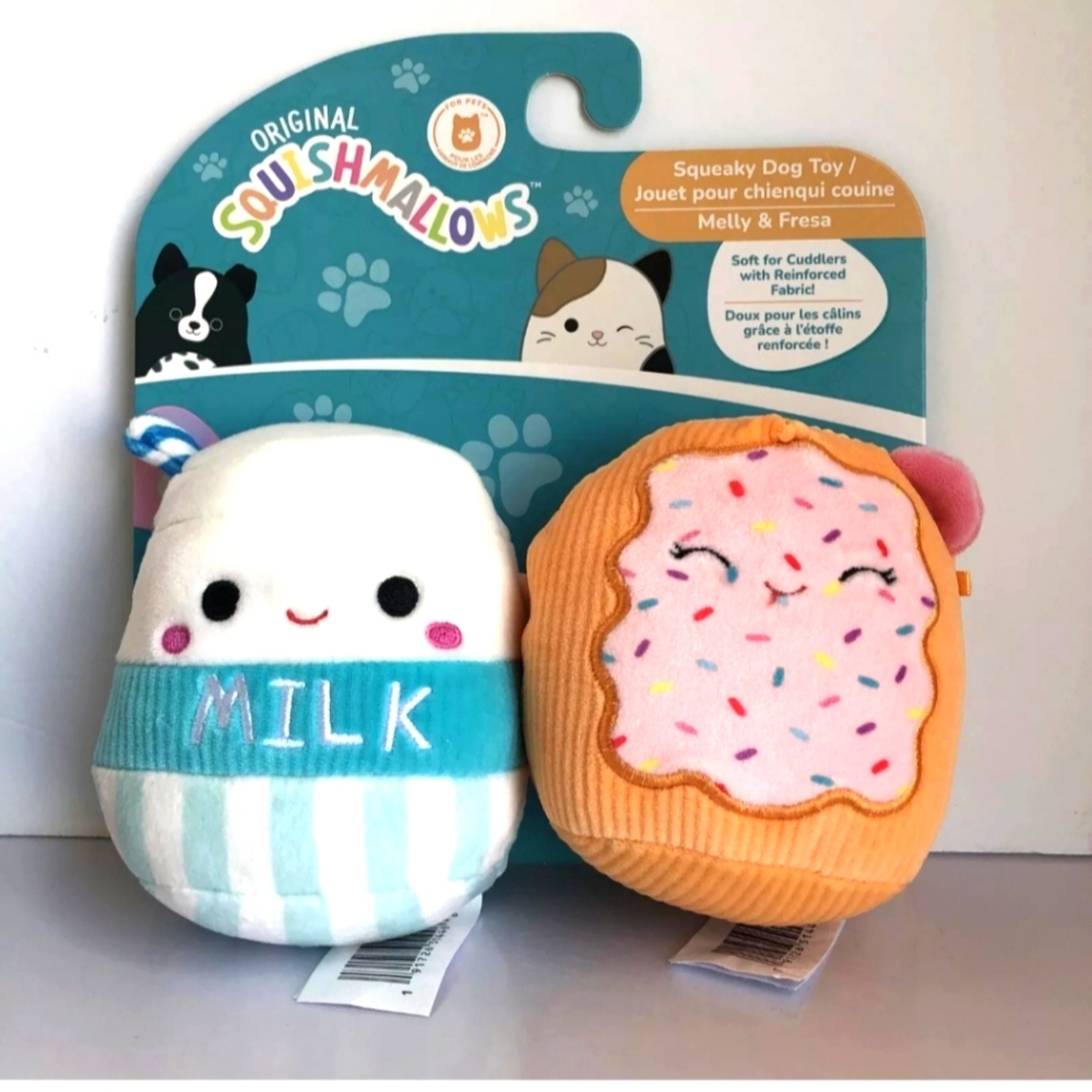 *ORIGINAL SQUISHMALLOW 4" Squeaky DOG TOYS! Set of TWO! Melly & Fresa Milk New